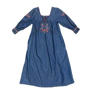 Vintage Denim Maxi Dress Small Embroidered Western Boho Cotton Prairie cottage